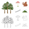 Pine, poisonous mushroom, tree, squirrel, saw.Forest set collection icons in cartoon,outline style vector symbol stock