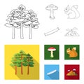 Pine, poisonous mushroom, tree, squirrel, saw.Forest set collection icons in outline,flat style vector symbol stock