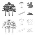 Pine, poisonous mushroom, tree, squirrel, saw.Forest set collection icons in outline,monochrome style vector symbol Royalty Free Stock Photo