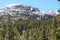 Pine and snow covered mountainside on the Glacier Gorge Trail in Rocky Mountain National Park, Colorado Royalty Free Stock Photo