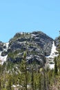Pine and snow covered mountainside and summit on the Glacier Gorge Trail in Rocky Mountain National Park, Colorado Royalty Free Stock Photo