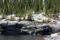 Pine and snow covered mountainside surrounding Mills Lake on the Glacier Gorge Trail in Rocky Mountain National Park Royalty Free Stock Photo