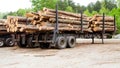 Pine timber stacked on trailers at lumber yard Royalty Free Stock Photo