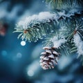 Pine tree branch covered with snow and pine cone. Winter background Royalty Free Stock Photo