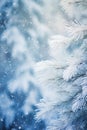 Pine tree branch with snow falling down on it and blue background. Generative AI Royalty Free Stock Photo