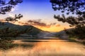 Pine tree branches framing reflective lake and golden hour dramatic sky with dark, fluffy clouds Royalty Free Stock Photo