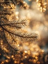 Pine tree branches illuminated by golden sunlight creating a warm, glowing bokeh background in a serene winter forest setting Royalty Free Stock Photo