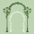 Pine tree branches and street light lamps forming arch winter season vector silhouette design set Royalty Free Stock Photo