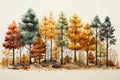 Pine Tree Forest In Autumn Season. Watercolor Painting On Canvas. AI Generated Generative AI