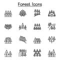 Pine tree forest icon set in thin line style