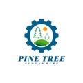 Pine Tree with Gear logo design vector. Creative Pine Tree logo concepts template