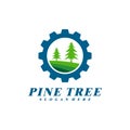 Pine Tree with Gear logo design vector. Creative Pine Tree logo concepts template