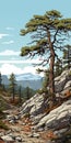 Vibrant Juniper Forest Illustration: Bold Colors, Detailed Rocks And Pines