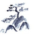Pine tree on the rock monochrome black and white chinese style ink drawing