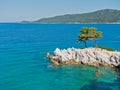 Pine tree on a rock over crystal clear turquoise water, Cape Amarandos at Skopelos island Royalty Free Stock Photo