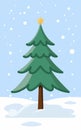 Pine tree in the snow with falling snowflakes on a serene blue background. Vector illustration of a green tree. Christmas vector Royalty Free Stock Photo