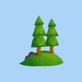 Pine tree and stone on green hill forest. Outdoor nature scene landscape in vector low poly illustration