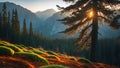 Golden Hour Sunrise in Mountain Forest with Mossy Landscape Royalty Free Stock Photo