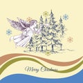 Pine trees and Christmas angel greeting card
