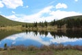 Pine trees, clouds and blue sky reflected off of Lily Lake in the Rocky Mountain National Park, Colorado Royalty Free Stock Photo