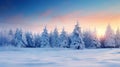 pine trees covered with snow on frosty evening Beautiful winter panorama, Christmas holiday. Image of season, snowy