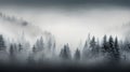 Pine trees in the fog - dark forest with dramatic light - generative AI Royalty Free Stock Photo