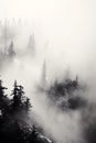 Pine trees in the fog - dark forest with dramatic light - generative AI Royalty Free Stock Photo