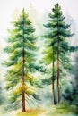 Pine trees in the forest. Vertical watercolor artwork, printable nature wall art, green trees poster