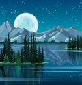 Pine trees and full moon reflected in water with mountains