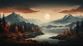 Pine trees on a moody fall landscape. Fantasy natural environment. Fantasy landscape. generative ai