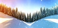 Pine trees in mountains and falling snow in fairy tale winter sunny morning. Soft ligth effect Royalty Free Stock Photo