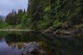 Pine trees reflecting in the crystal clear water of a lake on a cloudy day in Lynn Canyon Park forest, Vancouver, Canada Royalty Free Stock Photo