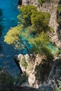 Pine trees on a rock over crystal clear turquoise water near Cape Amarandos at Skopelos island Royalty Free Stock Photo