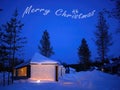 Pine trees in shadow and Cabins covered with white snow under bluy sky in twilights winterland