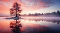 Pine trees on a small island in the middle of a winter lake surrounded illustration by generative ai Royalty Free Stock Photo