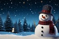 Pine trees and snowfall frame a charming snowman in winter