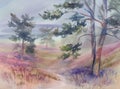 Pine trees in the summer meadow watercolor background