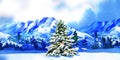 Pine trees tree in the snow on winter background with snowy fir trees and mountains, hand drawn watercolor illustration