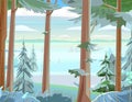 Pine Trees. Trunks of fir and Spruce. Snow frosty landscape. Beautiful Forest Panorama. Illustration in cartoon style