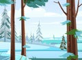 Pine Trees. Trunks of fir and Spruce. Snow frosty landscape. Beautiful Forest Panorama. Illustration in cartoon style