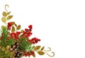 Pine twigs, red berries with cones and Christmas sweet stick in a corner arrangement isolated on white Royalty Free Stock Photo