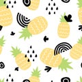 Pineapple abstract seamless pattern. Fruit pineapples doodle style print, exotic tropical decorative design. Trendy