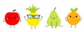 Pineapple apple pear orange fruit icon set line. Cute cartoon kawaii smiling funny baby character. Happy, sad, angry, smiling Royalty Free Stock Photo