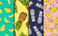 Pineapple and banana decorative seamless patterns set, vector collection of food fruits background Royalty Free Stock Photo