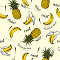 Pineapple and banana hand drawn sketch ,greeting Aloha fresh ,s Royalty Free Stock Photo