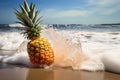 pineapple being washed over by waves on a sandy beach