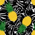 Pineapple with black tropical leaves seamless pattern.