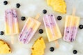 Pineapple blueberry popsicles scattered on a bright marble background Royalty Free Stock Photo