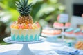 A pineapple cake displayed on a white cake stand showcases deliciousness and elegance. Royalty Free Stock Photo