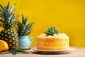 Pineapple cake. Fresh pineapple dessert with creamy filling. Sponge cake with fruits on a yellow background. Pineapple